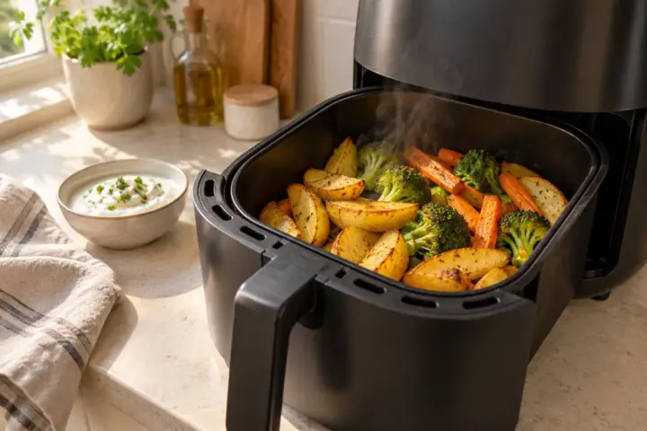 KI-generiertes Symbolbild: Airfryer mit halb herausgezogenem Korb, darin goldgelbe Kartoffelspalten, Brokkoli und Möhren