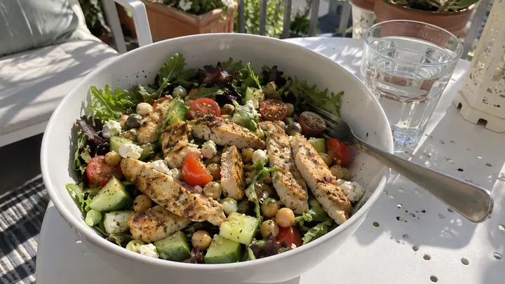 KI-generiertes Symbolbild: Große Salatschüssel mit Hähnchenstreifen, Kichererbsen, Gurke und Blattsalat, eine Gabel steckt darin, daneben ein Glas Wasser
