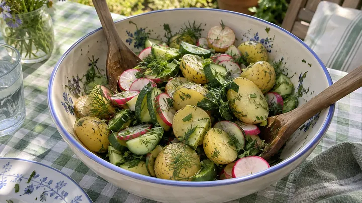 KI-generiertes Symbolbild: Große Schüssel Kräutersalat mit neuen Kartoffeln, Gurke, Radieschen, Schnittlauch und Dill auf einer karierten Tischdecke im Garten