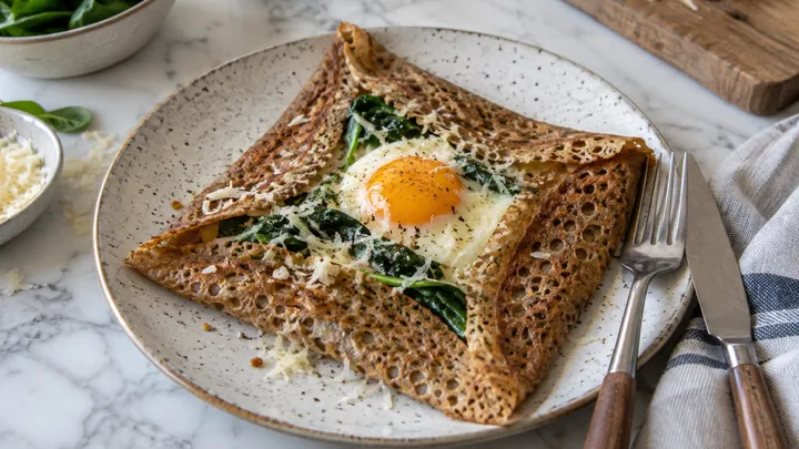 KI-generiertes Symbolbild: Gefaltete Buchweizen-Galette mit Spiegelei, Spinat und geriebenem Käse auf einem gesprenkelten Teller, daneben Messer und Gabel auf Marmor