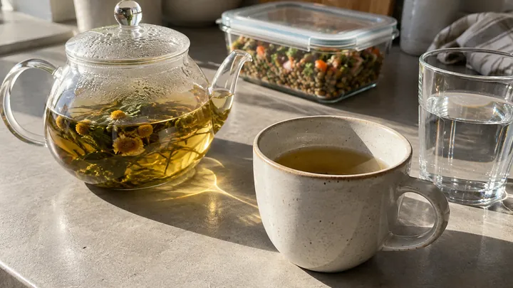KI-generiertes Symbolbild: Glaskanne mit Kräutertee, eine halb volle Tasse und ein Glas Wasser in der Morgensonne auf grauer Arbeitsplatte, dahinter eine verschlossene Glasdose mit Linsensalat für später
