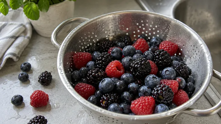 KI-generiertes Symbolbild: Frisch gewaschene Heidelbeeren, Brombeeren und Himbeeren in einem Metallsieb an der Spüle, Wassertropfen, ein paar Beeren auf der Arbeitsplatte