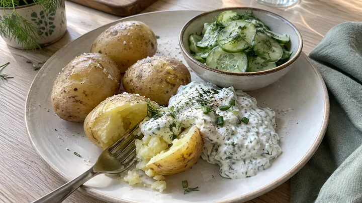 KI-generiertes Symbolbild: Pellkartoffeln mit einem großen Klecks Kräuterquark auf einem hellen Teller, eine Kartoffel mit der Gabel geöffnet, daneben Gurkensalat mit Dill