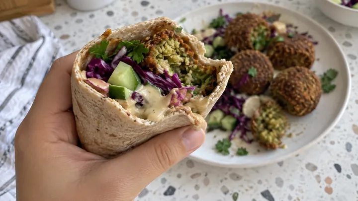 KI-generiertes Symbolbild: Eine Hand hält einen angebissenen Vollkorn-Wrap mit Falafel, Rotkohl, Gurke und Tahini-Soße, dahinter ein Teller mit Falafel auf Terrazzo