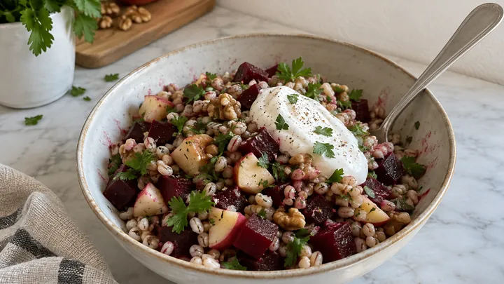 KI-generiertes Symbolbild: Schüssel Graupensalat mit Roter Bete, Apfel, Walnüssen und Petersilie, ein Klecks Joghurt obenauf, ein Löffel liegt darin