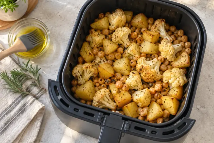 KI-generiertes Symbolbild: Airfryer-Korb von oben mit Blumenkohl, Kichererbsen und goldgelben Kartoffelwürfeln, daneben Olivenöl mit Pinsel