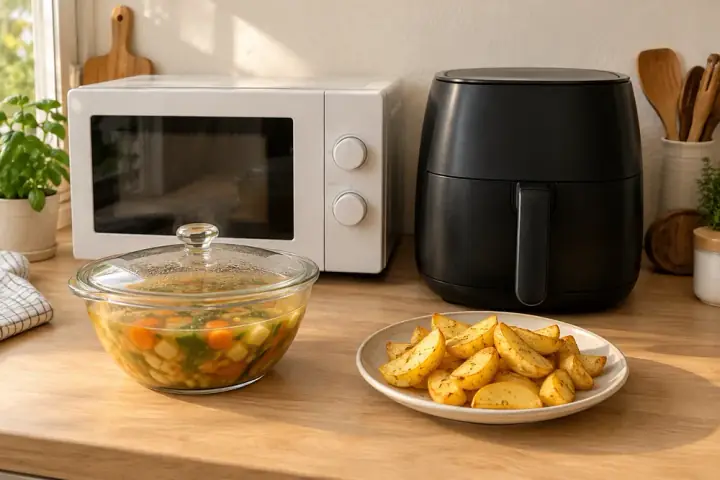 KI-generiertes Symbolbild: Mikrowelle und Airfryer nebeneinander auf der Arbeitsplatte, davor Gemüsesuppe in einer Glasschüssel und goldgelbe Kartoffelspalten