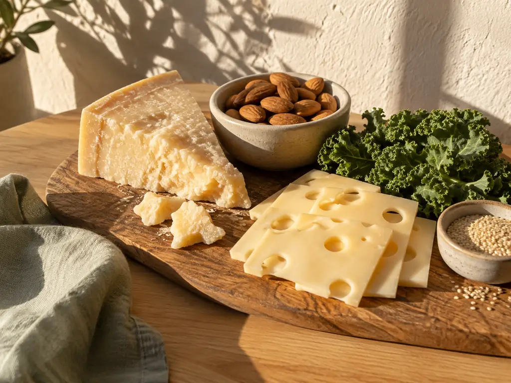 KI-generiertes Symbolbild: Holzbrett mit Parmesan, Emmentaler-Scheiben, einer Schale Mandeln, Grünkohlblättern und einer Schale Sesam