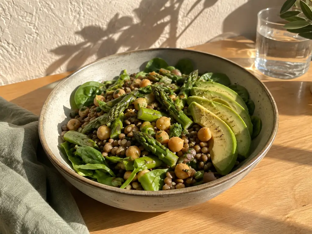 KI-generiertes Symbolbild: Schale mit Linsen-Kichererbsen-Salat, Babyspinat, Avocadoscheiben und grünem Spargel