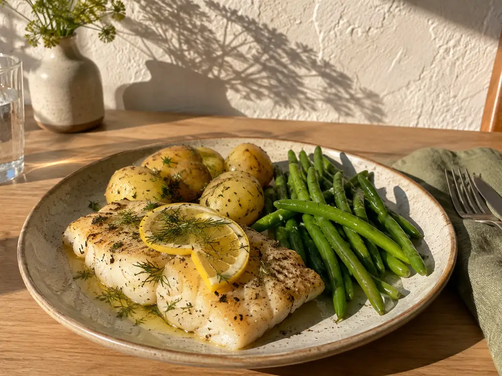 KI-generiertes Symbolbild: Teller mit gebackenem Seelachsfilet, Zitrone und Dill, dazu kleine Kartoffeln und grüne Bohnen