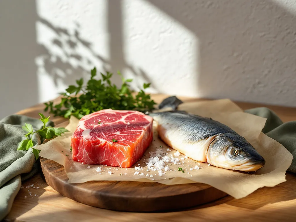 KI-generiertes Symbolbild: Holzbrett mit einem rohen Rindersteak und einem ganzen rohen Fisch auf Backpapier, dazu Kräuter und Salz