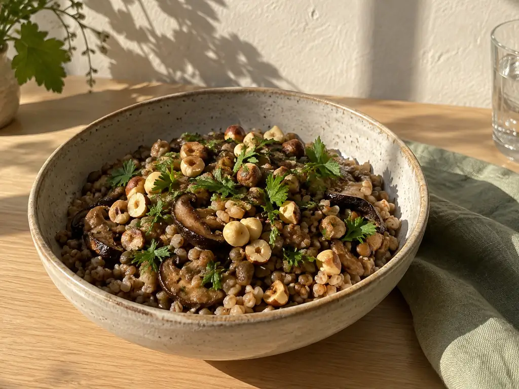 KI-generiertes Symbolbild: Schale mit warmem Buchweizensalat, Linsen, gebratenen Shiitake-Pilzen und gerösteten Haselnüssen