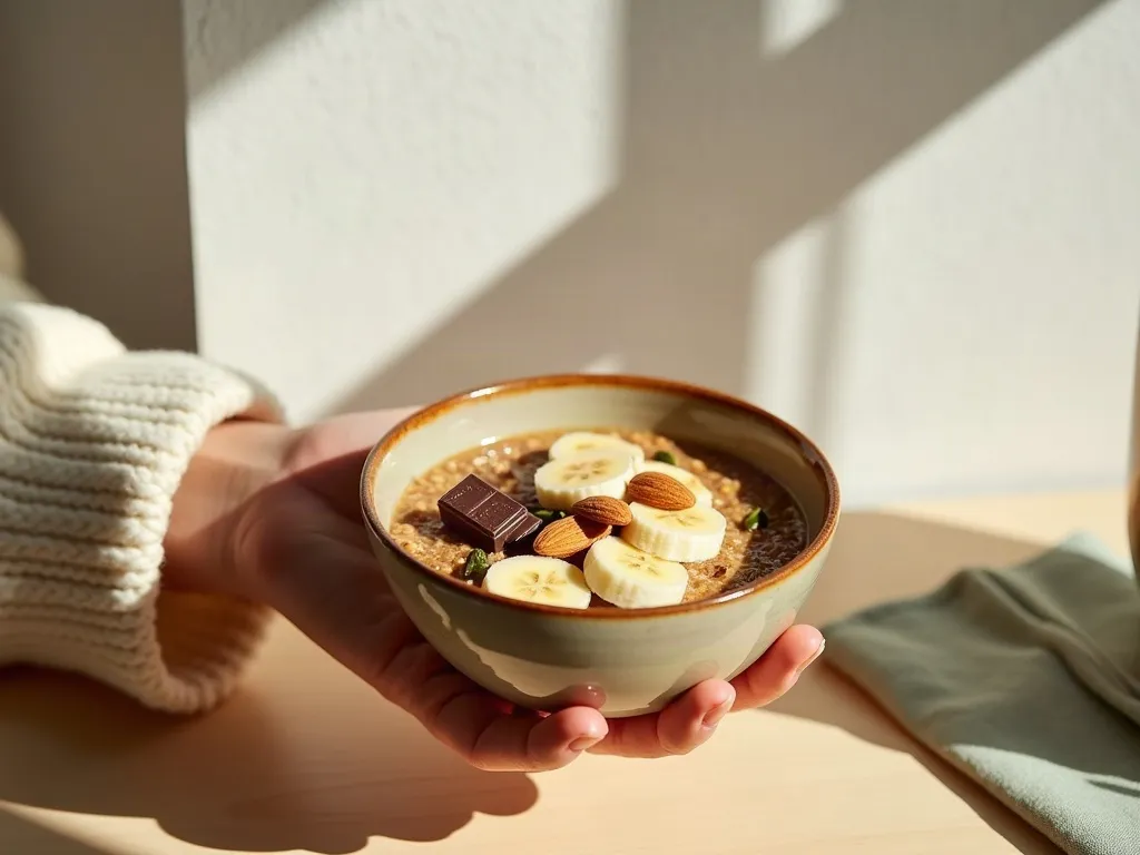 KI-generiertes Symbolbild: Hand hält eine Schale Haferbrei mit Banane, Mandeln, Kürbiskernen und Zartbitterschokolade