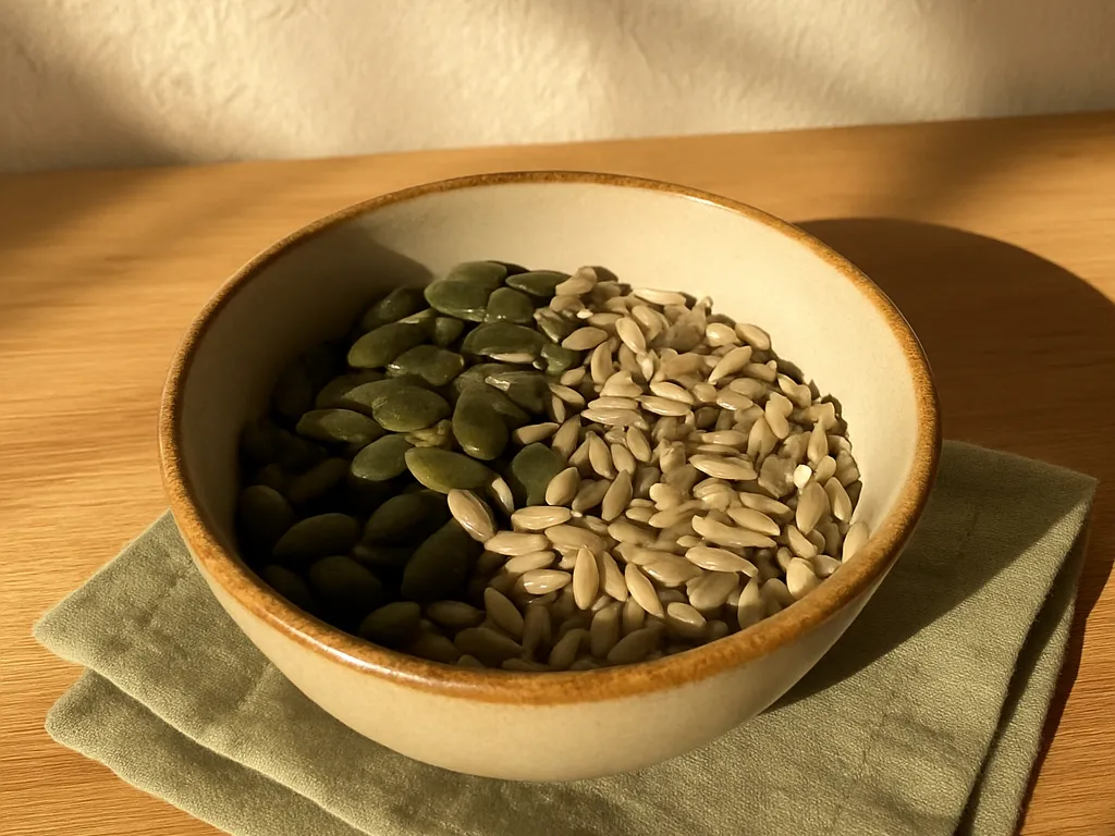 KI-generiertes Symbolbild: Schale mit Kürbiskernen und Sonnenblumenkernen auf einem Holztisch in der Sonne