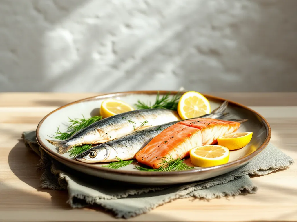 KI-generiertes Symbolbild: Teller mit zwei gebratenen Heringen und einem Lachsfilet, Zitronenscheiben und Dill