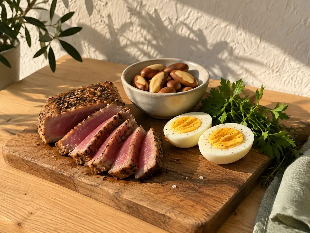 KI-generiertes Symbolbild: Holzbrett mit aufgeschnittenem Thunfischsteak, einer Schale Paranüsse und zwei halbierten gekochten Eiern