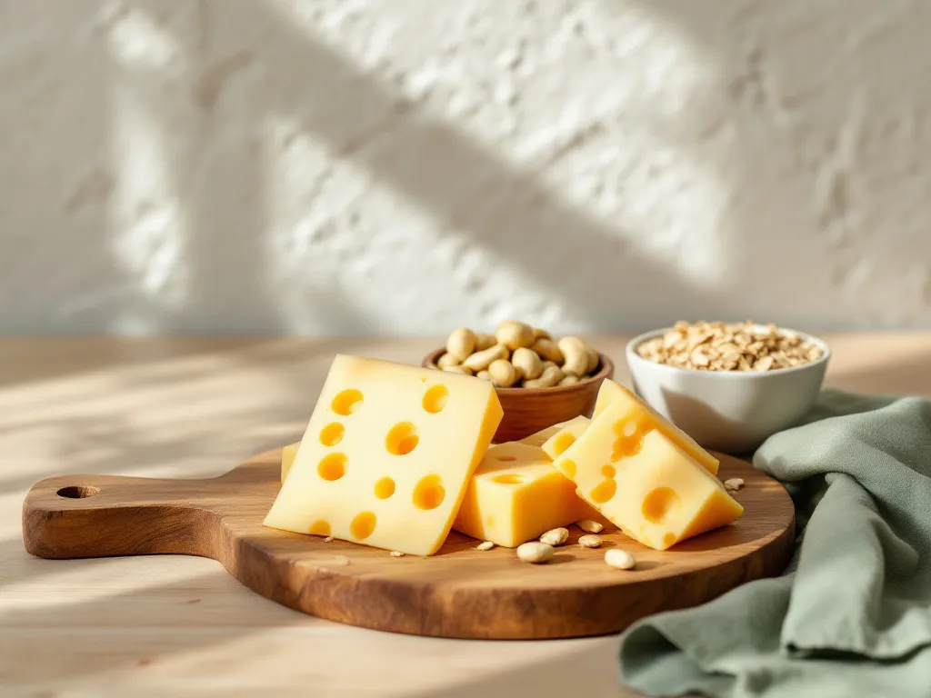 KI-generiertes Symbolbild: Holzbrett mit Emmentaler-Stücken, dazu eine Schale Cashewkerne und eine Schale Haferflocken
